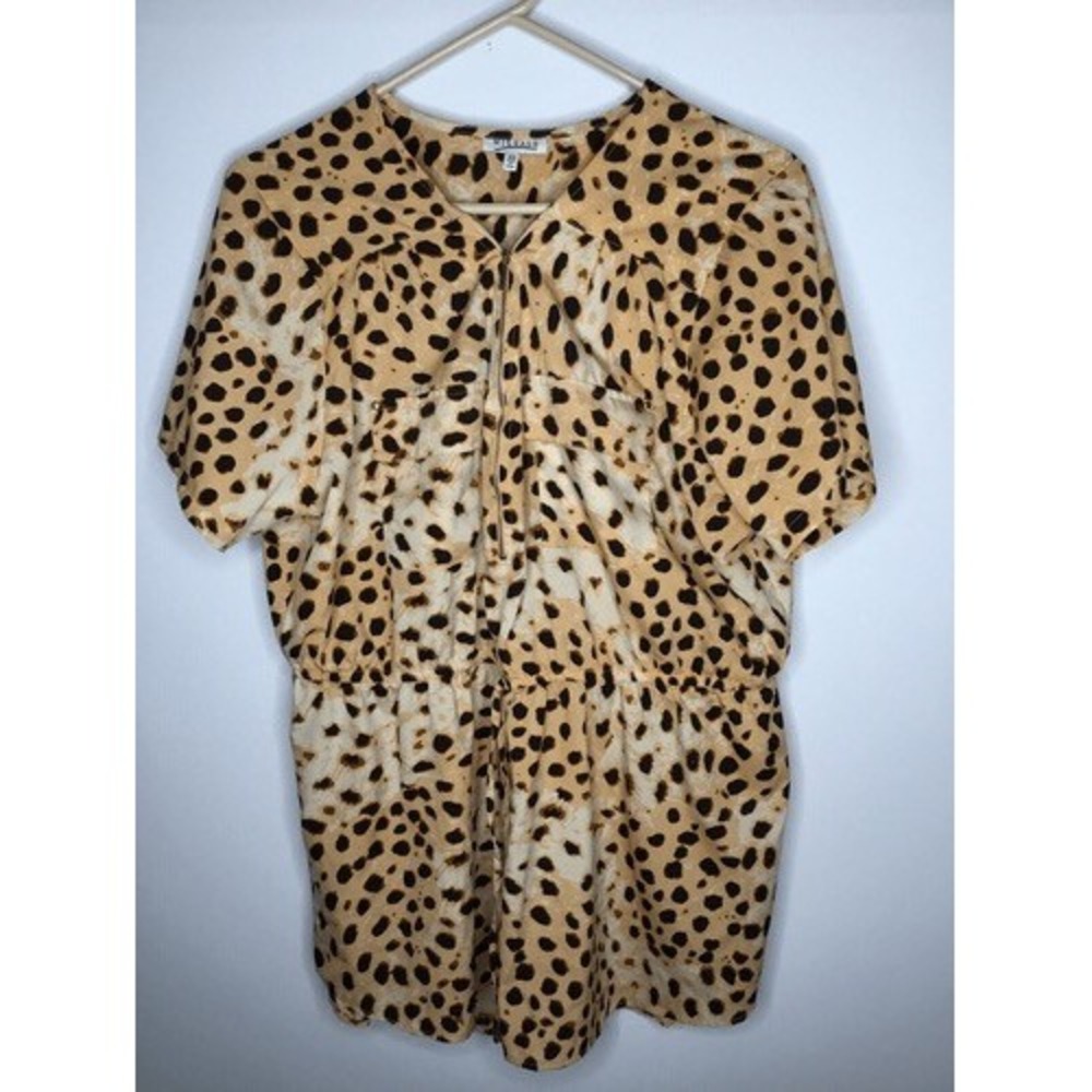 Mileage Gold Leopard 1/2 Zip Waist Defined‎ Short Sleeve Blouse Top Women 3X